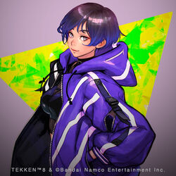  black_hair black_jacket bodystocking commentary_request copyright_name female hands_in_pockets highres hiroaki_(kof) hood hood_down hooded_jacket jacket looking_at_viewer multicolored_clothes multicolored_hair multicolored_jacket purple_eyes purple_hair purple_jacket reina_(tekken) smile solo sports_bra tekken tekken_8 two-tone_jacket 