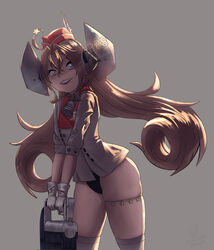  absurdres bell black_one-piece_swimsuit blue_eyes cowboy_shot drum_(kancolle) female garrison_cap gloves grey_background grey_jacket grey_thighhighs hair_rings hat headgear highleg highleg_swimsuit highres jacket kantai_collection light_brown_hair long_hair machinery one-piece_swimsuit open_mouth red_hat ron_(pixiv83091338) smile solo standing swimsuit swimsuit_under_clothes teeth thick_thighs thighhighs thighs upper_teeth_only very_long_hair white_gloves 