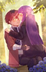  1boy bandaged_arm bandages black_coat black_gloves black_tunic blue_flower blunt_bangs blurry blurry_background blush closed_eyes coat commentary couple dappled_sunlight female fern_(sousou_no_frieren) fingerless_gloves flower gloves hand_on_another&#039;s_back hand_on_another&#039;s_shoulder jacket kissing kissing_forehead long_hair long_sleeves one_eye_closed open_clothes open_jacket purple_hair red_hair red_jacket sarasa_kouhaku short_hair sitting sitting_on_lap sitting_on_person sousou_no_frieren stark_(sousou_no_frieren) straight sunlight 