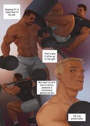  2boys abs absurdres artist_name ass bara barbell beard blonde_hair brown_hair dark-skinned_male dark_skin dumbbell english_text exercising facial_hair grey_shorts highres kurooxyuroo large_pectorals leg_press_machine male_focus multiple_boys muscular muscular_male navel nipples overwatch overwatch_1 pectorals reaper_(overwatch) short_hair shorts soldier:_76_(overwatch) squatting topless_male weightlifting 