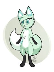  3:4 alpha_channel anthro blep canid canine chikn_nuggit digital_media_(artwork) female fox fur green_body green_fur hair hi_res light_body light_fur looking_at_viewer mammal mancoin mint_fur signature simple_background slushi_(chikn_nuggit) smile solo tail tongue tongue_out true_fox white_body white_fur 