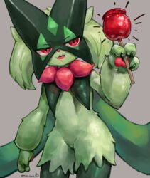  2_fingers absurd_res anthro apple arm_tuft artist_name bar_emanata big_eyes biped candy candy_apple cape clothing cute_fangs dessert digitigrade emanata featureless_crotch female fingers flower_(anatomy) food fruit fur generation_9_pokemon green_body green_fur green_hair hair hi_res hip_tuft holding_food holding_object leaf_clothing looking_at_viewer mask meowscarada multicolored_body multicolored_fur nintendo open_mouth pawpads peppergecko72 plant pokemon pokemon_(species) red_eyes signature simple_background solo standing tongue tuft twitter_handle two_tone_body two_tone_fur wrist_tuft 