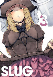  absurdres black_bow black_bowtie black_choker black_eyes blonde_hair blush bow bowtie brown_capelet brown_dress brown_hat capelet choker clothes_lift commentary_request dress dress_lift female hat highres jar kawahara0527 lifting_own_clothes long_hair melk_(mon-musu_quest!) mon-musu_quest! monster_girl parted_lips partial_commentary ringlets salt simple_background slime_(substance) slug_girl solo veil white_background 