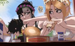  3girls ? angry bikini black_eyes black_hair black_sports_bra blonde_hair blue_sky can can_opener covering_own_mouth drink_can eating flat_chest flower_wreath food food_on_face freckles glasses hair_ornament hair_stick highres holding holding_food jessie_(veyonis) messy_hair mika_(veyonis) multiple_girls nose_piercing original outdoors piercing ponytail sky sports_bra strap_slip surprised surstromming swedish_text swimsuit table tank_top veyonis vomiting_rainbows white_bikini yuna_(veyonis) 