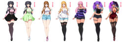  absurdres alternate_hairstyle bimbofication black_footwear black_hair black_skirt black_thighhighs blue_shorts blur_censor blush breasts brown_eyes brown_hair censored cleavage commentary_request crop_top denim denim_shorts dress female green_skirt gyaru highres idolmaster idolmaster_shiny_colors jirai_kei kuroko_(user_jtty5588) long_hair looking_at_viewer mayuzumi_fuyuko medium_breasts off_shoulder paid_reward_available pink_footwear pink_hair pink_shirt purple_hair red_dress shirt short_shorts shorts skirt smile striped_clothes striped_sweater suspenders sweater tan thighhighs translation_request two_side_up very_long_hair white_background white_footwear white_sweater 