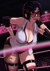  absurdres black_eyes black_hair breasts cleavage crowd elbow_sleeve female glasses hair_ornament hanging_breasts highres holding holding_microphone large_breasts leaning_forward microphone original pantyhose pink-tinted_eyewear pink_thighhighs ponytail rosen_(veyonis) shirt single_leg_pantyhose skindentation sleeveless sleeveless_shirt sunglasses talking thighhighs tied_shirt tinted_eyewear torn_clothes torn_pantyhose veyonis wrestling wrestling_outfit wrestling_ring 