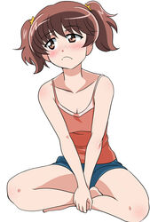  alisa_(girls_und_panzer) barefoot blue_shorts blush breasts brown_eyes brown_hair camisole casual cleavage closed_mouth commentary female freckles frown full_body girls_und_panzer hair_ornament half-closed_eyes highres indian_style looking_away medium_breasts pink_shirt shirt short_hair short_shorts short_twintails shorts sitting solo star_(symbol) star_hair_ornament twintails v_arms wakku_kan 