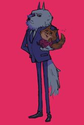  2022 2:3 anthro biped bottomwear canid canine canis carrying_another clothing domestic_cat duo felid feline felis hi_res humanoid_hands illumination_entertainment jerry_(sing) jimmy_crystal mammal necktie pants red_background rrrgnani shirt simple_background sing_(movie) size_difference suit topwear wolf 