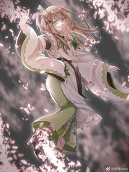  :o apron arm_up cherry_blossoms chinese_commentary commentary_request female finellen floral_print flower frilled_apron frills full_body girls&#039;_frontline girls&#039;_frontline_neural_cloud green_eyes green_kimono hair_flower hair_ornament highres japanese_clothes kimono light_brown_hair long_hair looking_at_viewer open_mouth sakuya_(neural_cloud) solo weibo_watermark white_apron wide_sleeves 