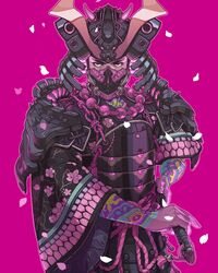  1boy alex_dos_diaz arm_tattoo armor bead_necklace beads brown_eyes dou english_commentary helmet highres holding holding_sword holding_weapon horns japanese_armor jewelry katana kusazuri magic:_the_gathering male_focus mask menpoo necklace pink_background samurai saya_(scabbard) scabbard science_fiction sheath solo sword tattoo unsheathing v-fin weapon 