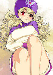  absurdres blonde_hair breasts closed_mouth curly_hair dragon_quest dragon_quest_ii dress female highres hood long_hair looking_at_viewer muramasa_mikado princess princess_of_moonbrook red_eyes robe smile solo 