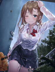  3; arm_up black_skirt blue_eyes blue_sky blush bow bowtie bra bra_visible_through_clothes breasts brown_hair closed_mouth collarbone collared_shirt cowboy_shot day door dress_shirt female hand_on_own_head holding holding_umbrella long_hair long_sleeves looking_at_viewer medium_breasts miniskirt one_eye_closed original outdoors photoshop_(medium) plant pleated_skirt r_o_ha railing rain red_bow red_bowtie school_uniform see-through shirt sidelocks skirt sky solo standing thighs tree umbrella underwear water wet wet_clothes wet_shirt white_bra white_shirt 