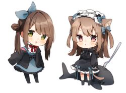  2girls animal_ear_fluff animal_ears black_bow black_dress black_jacket black_legwear blue_bow blue_dress blush bow brown_hair cat_ears cat_girl cat_tail chibi commentary_request dress fork gothic_lolita green_eyes hairband hairbow heripiro jacket lolita_fashion lolita_hairband long_hair long_sleeves multiple_girls no_shoes off_shoulder open_clothes open_jacket original pantyhose puffy_long_sleeves puffy_sleeves red_eyes simple_background sleeves_past_fingers sleeves_past_wrists socks tail twintails two_side_up very_long_hair white_background x_x 