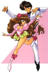  1980s_(style) 1boy arms_up black_eyes blue_eyes bow bowtie breasts choker cleavage curly_hair female hairbow highres ice_skates juliet_sleeves leg_up leotard long_hair long_sleeves non-web_source official_art open_mouth puffy_sleeves ranma_1/2 retro_artstyle sanzenin_mikado shiratori_azusa skates tuxedo 