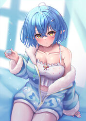  :t absurdres ahoge blue_hair blue_jacket breasts camisole choko_(cup) cleavage closed_mouth collarbone cup female frilled_camisole frills fur-trimmed_jacket fur-trimmed_sleeves fur_trim hair_between_eyes hair_ornament hairclip heart heart_ahoge highres holding hololive jacket long_sleeves medium_breasts neko_punch_(user_hddm3373) off_shoulder official_alternate_costume open_clothes open_jacket pointy_ears pout short_shorts shorts sitting sleeves_past_wrists solo striped_clothes striped_jacket virtual_youtuber white_camisole white_shorts yellow_eyes yukihana_lamy yukihana_lamy_(loungewear) 