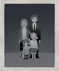  2boys 2girls :d asphyxiation avogado6 bags_under_eyes black_jacket black_necktie black_pants blade_to_throat border braid child_abuse colored_skin commentary domestic_violence dress false_smile family grabbing_another&#039;s_hair hand_on_another&#039;s_neck head_tilt highres holding holding_knife jacket knife limited_palette looking_at_viewer medium_hair multiple_boys multiple_girls neck_grab necktie open_clothes open_jacket open_mouth original pants pantyhose pinafore_dress shirt shirt_tug shoes shorts skirt sleeveless sleeveless_dress smile strangling stuffed_animal stuffed_toy symbolism teddy_bear twin_braids white_shirt white_skin 