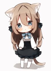  animal_ear_fluff animal_ears black_bow black_skirt blue_bow blush bow braid breasts brown_hair cat_ears cat_girl cat_tail chibi commentary_request female frilled_skirt frills full_body grey_background grey_eyes hair_between_eyes hairbow heripiro high-waist_skirt highres long_hair long_sleeves no_shoes original pantyhose parted_lips puffy_long_sleeves puffy_sleeves shadow shirt skirt sleeves_past_wrists small_breasts solo standing tail very_long_hair white_pantyhose white_shirt 