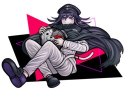  1boy black_background black_cape black_footwear black_hair black_hat cape checkered_clothes checkered_scarf commentary danganronpa_(series) danganronpa_v3:_killing_harmony english_commentary full_body grey_pants hair_between_eyes hat holding jacket knees_up komatsuzaki_rui_(style) ktokei_(kurokku-tokei) long_hair long_sleeves looking_at_viewer male_focus monokuma official_style oma_kokichi pants peaked_cap pink_background purple_eyes purple_hair scarf shoes short_hair smile solo straitjacket white_background 