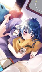  animal_print awake bare_legs barefoot bat_print bed blanket blue_hair blush cellphone chalkboard curtains depe female game_console heart heart-shaped_pillow highres indoors love_live! love_live!_sunshine!! lying messy_hair nintendo_switch on_bed on_stomach one_eye_closed pajamas phone pillow purple_eyes smartphone solo stuffed_toy sunlight tsushima_yoshiko window wings 