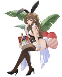  absurdres animal_ears ass b_grade bare_shoulders black_footwear black_leotard breasts brown_eyes brown_hair champagne_bottle commentary_request detached_collar fake_animal_ears fake_tail female from_side full_body girls&#039;_frontline hair_ornament hairclip heart heart-shaped_pillow high_heels highleg highleg_leotard highres k2_(girls&#039;_frontline) korean_commentary large_breasts leotard long_hair looking_at_viewer pillow playboy_bunny rabbit_ears rabbit_tail sideboob simple_background sitting solo strapless strapless_leotard tail thighhighs white_background wrist_cuffs 