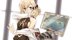  azu_rentarou azur_lane bare_shoulders blonde_hair blue_eyes bow breasts female glasses hairbow looking_at_viewer meta monitor necktie off_shoulder official_alternate_costume parody playing_games pose rigging sideboob sleeveless solo steins;gate upper_body z23_(azur_lane) z23_(philosophy_sensei)_(azur_lane) 