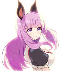  animal_ears animare bat_ears blush breasts cleavage cleavage_cutout closed_mouth clothing_cutout commentary_request dot_nose female from_behind hair_ornament large_breasts long_hair looking_at_viewer looking_back nanashi_inc. pink_hair puffy_short_sleeves puffy_sleeves purple_eyes purple_hair short_sleeves simple_background smile solo umori_hinako upper_body virtual_youtuber wakaba_sprout white_background 