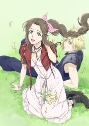  1boy aerith_gainsborough blonde_hair bow brown_hair cloud_strife cropped_jacket dress female final_fantasy final_fantasy_vii final_fantasy_vii_remake flower green_eyes hair_ribbon highres jacket jewelry kobayashi_chizuru long_hair open_mouth pink_bow pink_dress ribbon smile spiked_hair 