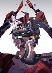  4boys absurdres ahoge arms_up belt black_belt black_hair black_jacket black_necktie broken brown_eyes brown_hair brown_pants character_print commentary crossed_legs crown curtains danganronpa_(series) danganronpa_2:_goodbye_despair danganronpa_3_(anime) dual_persona falling floating_hair fork gradient_background green_necktie green_pants grey_background hand_on_own_neck hands_up heterochromia highres hinata_hajime hinata_hajime_(awakened) holding holding_fork holding_knife jacket kamukura_izuru knife long_hair long_sleeves looking_at_another looking_at_viewer loose_necktie male_focus mini_crown multiple_boys necktie pants red_eyes scalpel shirt shoes short_hair short_sleeves sitting spoilers table unworn_crown very_long_hair white_footwear ziling 