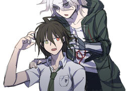  2boys ahoge black_hair breast_pocket brown_eyes brown_hair coat collarbone collared_shirt commentary danganronpa_(series) danganronpa_2:_goodbye_despair green_coat green_eyes green_necktie grey_hair hand_on_another&#039;s_shoulder hand_up heterochromia hinata_hajime hood hood_down hooded_coat komaeda_nagito looking_at_another male_focus mechanical_arms medium_hair multiple_boys necktie open_mouth pocket print_shirt red_eyes shaded_face shirt short_hair short_sleeves simple_background single_mechanical_arm sweatdrop teeth upper_teeth_only white_background ziling 