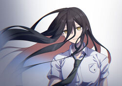  1boy black_hair breast_pocket brown_eyes brown_hair closed_mouth collared_shirt colored_inner_hair danganronpa_(series) danganronpa_2:_goodbye_despair dress_shirt floating_hair green_necktie grey_background hair_between_eyes hinata_hajime kamukura_izuru long_hair looking_at_viewer male_focus multicolored_hair necktie pocket red_eyes shirt short_sleeves smile solo spoilers upper_body very_long_hair white_shirt ziling 