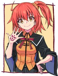  ahoge breasts closed_mouth command_spell fate/grand_order fate_(series) female fujimaru_ritsuka_(female) fujimaru_ritsuka_(female)_(mage&#039;s_association_uniform) hair_ornament hair_scrunchie looking_at_viewer medium_hair nyantiu official_alternate_costume orange_hair scrunchie side_ponytail smile solo yellow_eyes 