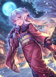  :d absurdres ahoge architecture arrow_(projectile) bad_id bad_pixiv_id bell blue_moon cherry_blossoms cloud cloudy_sky east_asian_architecture female floating_hair floral_print full_moon fur-trimmed_kimono fur_trim gloves hair_between_eyes hair_ornament hamaya hand_up highres holding holding_arrow holding_hands japanese_clothes jingle_bell kimono long_hair long_sleeves looking_at_viewer moon new_year night night_sky obi open_mouth orange_eyes original outdoors ponytail red_gloves red_kimono sash shichigatsu sky smile solo_focus standing tassel tree white_hair wide_sleeves 