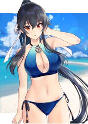  bare_arms bare_legs bare_shoulders bikini black_hair blue_bikini blush breasts brown_eyes cleavage cowboy_shot female groin hair_between_eyes ichinomiya_(blantte) kantai_collection large_breasts long_hair navel parted_lips ponytail solo swimsuit very_long_hair yahagi_(kancolle) 