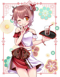  bendy_straw brown_eyes brown_hair bubble_tea bun_cover chinese_clothes double_bun drinking drinking_straw female hair_bun holding holding_tray izumi_shara kantai_collection official_alternate_costume one_eye_closed short_hair skirt solo tan_yang_(kancolle) tan_yang_(summer_mode)_(kancolle) tray yukikaze_(kancolle) 