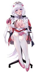  alternate_costume azur_lane black_choker blue_eyes blush breasts choker cleavage cosplay female full_body gloves hand_up hat high_heels highres holding holding_pen id_card illustrious_(azur_lane) lanyard large_breasts long_hair long_sleeves nurse nurse_cap official_alternate_costume open_mouth pen perseus_(azur_lane) perseus_(azur_lane)_(cosplay) perseus_(unfamiliar_duties)_(azur_lane) pink_footwear pink_gloves simple_background sitting smile solo stool thighhighs tri_tails wee_(weeyy) white_background white_hat white_thighhighs 