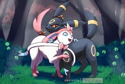  2020 black_body black_fur blue_eyes conditional_dnp duo eeveelution feral forest fur generation_2_pokemon generation_6_pokemon nakoo nintendo pink_body pink_fur plant pokemon pokemon_(species) red_eyes ribbons sylveon tree umbreon white_body white_fur 