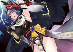  :o absurdres arm_up armpits bird_mask black_hair bodysuit breasts capelet commentary cowboy_shot detached_sleeves dutch_angle feathered_wings female genshin_impact hand_up highres kikimi kujou_sara large_breasts lightning long_sleeves looking_at_viewer mask mask_on_head notice_lines obi open_mouth pelvic_curtain raised_eyebrow sash short_hair solo vision_(genshin_impact) wings yellow_eyes 