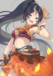  arm_up armlet armpits black_hair blue_eyes bow bracelet breasts crop_top cropped_shirt dot_nose earrings falling_petals female flower grey_background hair_flower hair_ornament idolmaster idolmaster_cinderella_girls idolmaster_cinderella_girls_starlight_stage jewelry kurotea long_hair looking_at_viewer midriff multicolored_bow multicolored_shirt neck_ring open_mouth orange_skirt outstretched_arm petals ponytail simple_background skirt smile solo sugisaka_umi thighs waist_bow 