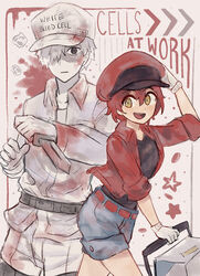  1boy :d :| ae-3803 ahoge artist_name baseball_cap belt black_belt black_eyes black_shirt blood blood_splatter bloody_clothes border box brown_background cabbie_hat cardboard_box cart closed_mouth collared_shirt copyright_name empty_eyes female fenori gloves graphite_(medium) hair_over_one_eye hand_on_own_head hat hataraku_saibou holding holding_knife holding_weapon jacket knife looking_at_viewer open_mouth pushing_cart red_belt red_blood_cell_(hataraku_saibou) red_hair red_headwear red_jacket shaded_face shirt short_hair short_shorts shorts smile traditional_media u-1146 uniform weapon white_blood_cell_(hataraku_saibou) white_gloves white_hair white_headwear white_skin yellow_eyes 