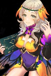  alternate_costume asymmetrical_bangs blonde_hair bodystocking book breast_cutout breasts circlet closed_mouth covered_navel female fire_emblem fire_emblem_fates fire_emblem_heroes flower_ornament grey_eyes highres holding holding_book holding_weapon leotard long_hair looking_at_viewer medium_breasts official_alternate_costume ophelia_(fire_emblem) ophelia_(resplendent)_(fire_emblem) smile thighs tyotto_ko_i weapon wing_cape 