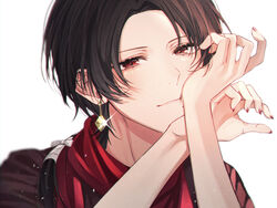  1boy absurdres brown_hair earrings hand_on_own_cheek hand_on_own_face head_rest highres jewelry kashuu_kiyomitsu male_focus mole mole_under_mouth ponytail red_eyes red_nails red_scarf scarf smile sparkle touken_ranbu upper_body yonemaru 