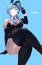  animal_ears arm_support black_gloves black_hairband black_leotard black_thighhighs blue_background blue_hair blue_necktie blush breasts closed_eyes commentary crossed_legs detached_collar english_commentary eula_(genshin_impact) fake_animal_ears female genshin_impact gloves hair_ornament hairband highres large_breasts leotard long_hair looking_at_viewer necktie okpriko playboy_bunny rabbit_ears simple_background sitting solo thighhighs thighs yellow_eyes 