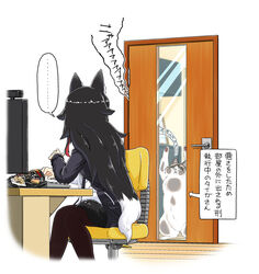  ... against_door animal_ear_fluff animal_ears chair commentary computer_keyboard desk door feline female highres hololive indoors monitor moroyan multicolored_hair office_chair official_alternate_costume ookami_mio ookami_mio_(casual) pantyhose sitting snack spoken_ellipsis sweater swivel_chair taiga_(ookami_mio) translated two-tone_hair virtual_youtuber wolf_ears wolf_girl 