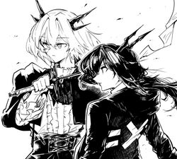  2girls arknights ascot ch&#039;en_(arknights) chiriejjiyo dragon_horns dress greyscale hair_between_eyes half-siblings hand_up highres holding holding_sword holding_weapon hood hood_down hooded_jacket horns jacket long_sleeves monochrome multiple_girls profile ribbon siblings simple_background sisters sword talulah_(arknights) upper_body weapon white_background 