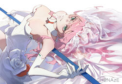  arched_back artist_name breasts bridal_veil bug butterfly center_opening chenaze57 commentary darling_in_the_franxx detached_collar dress elbow_gloves female flower gloves green_eyes hair_between_eyes highres horns long_hair looking_at_viewer lying medium_breasts on_back oni_horns pink_hair polearm rose solo strapless strapless_dress veil very_long_hair weapon wedding_dress white_dress white_flower white_gloves white_rose zero_two_(darling_in_the_franxx) 