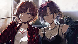  2girls asakura_toru bare_shoulders black_dress blue_jacket blurry blurry_background brown_eyes brown_hair closed_mouth collared_jacket commentary_request depth_of_field dress earbuds earphones earrings grey_eyes hand_up highres higuchi_madoka hoop_earrings idolmaster idolmaster_shiny_colors jacket jewelry long_sleeves looking_at_viewer minyom mole mole_under_eye multiple_girls nail_polish open_clothes open_jacket pink_nails plaid plaid_jacket red_jacket ribbed_shirt shared_earphones shirt sleeveless sleeveless_dress sleeveless_shirt sleeves_past_wrists smile upper_body white_shirt window 