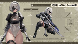  2b_(nier:automata) black_blindfold black_dress black_hairband blindfold boots breasts bumcha cleavage_cutout clothing_cutout covered_eyes crossover dress english_commentary english_text expressionless feather-trimmed_sleeves female gloves goddess_of_victory:_nikke groin gun hairband hands_on_ground highleg highleg_leotard highres holding holding_gun holding_weapon juliet_sleeves leotard long_sleeves mole mole_under_mouth multiple_views nier:automata nier_(series) official_art partially_visible_vulva puffy_sleeves short_hair skin_tight skindentation taking_cover thick_thighs thighhighs thighhighs_under_boots thighs weapon white_hair 