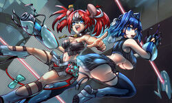  2girls animal_ears aperture_science_handheld_portal_device ass bad_id bad_twitter_id black_thighhighs blue_eyes blue_hair blush bow bow_earrings breasts chain_headband chains crop_top earrings hair_intakes hakos_baelz headband highres hololive hololive_english jewelry key key_necklace large_breasts leg_up looking_at_viewer medium_breasts midriff miniskirt minster_(dooke) mouse_ears mouse_girl mouse_tail mousetrap multiple_girls navel necklace open_mouth ouro_kronii ouro_kronii_(1st_costume) portal_(series) portal_2 red_hair sentry_turret_(portal) short_hair skirt sleeveless sleeveless_sweater smile spikes sweater tail tail_bow tail_ornament thighhighs turtleneck turtleneck_sweater twintails underboob virtual_youtuber 