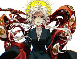  @_@ black_dress body_horror charlotte_wiltshire charlotte_wiltshire_(oracle) chu_dong crying d: dress extra_eyes female halo hello_charlotte highres horrified horror_(theme) long_sleeves looking_at_viewer open_mouth shirt short_hair_with_long_locks sleeves_past_fingers sleeves_past_wrists solo spoilers teeth upper_body white_background white_hair white_shirt yellow_eyes 