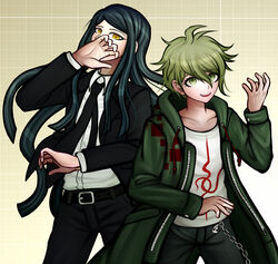  2boys amami_rantarou antenna_hair bangs belt black_belt black_hair black_neckwear black_pants brown_background chains coat collared_shirt commentary contrapposto cosplay danganronpa_(series) danganronpa_v3:_killing_harmony dress_shirt gradient gradient_background green_coat green_eyes green_hair hand_up hood hooded_coat kamukura_izuru kamukura_izuru_(cosplay) komaeda_nagito komaeda_nagito_(cosplay) ktokei_(kurokku-tokei) long_hair long_sleeves multiple_boys necktie official_style open_clothes open_coat open_mouth pants print_shirt shinguuji_korekiyo shirt short_hair skull smile standing upper_teeth white_shirt yellow_eyes 